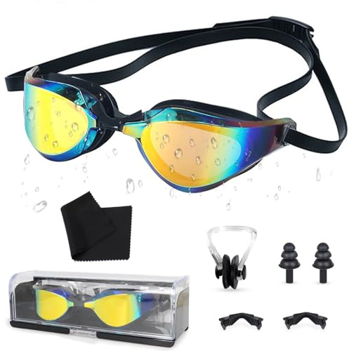 Lunettes de Natation pour Homme Femme, Lunette Piscine Adulte avec 1 Chiffon, Miroir Anti UV Buée Sangle Réglable Pont Nasal Remplaçable, Lunettes Plongée Adolescent Adulte Joint D'étanchéité Silicone