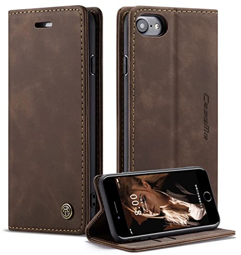 WJXEXRS Handyhülle für iPhone SE 2022 2020/iPhone 8/iPhone 7/iPhone 6 Hülle Premium Leder Schutzhülle Klappbar mit Kartenfach Ständer Magnet Handytasche mit Flip Case Klapphülle für iPhone SE -Kaffee