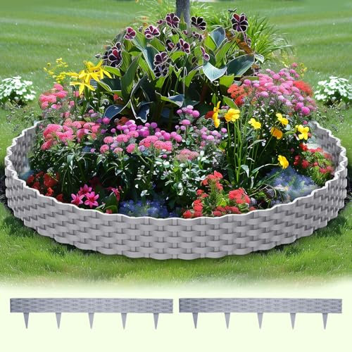Beeteinfassung,Beetumrandung Garten,Rasenkante Kunststoff mit 10 Elemente á 1m,Mähkante Beetbegrenzung Flexible,Rattan-Optik Design,Gartendeko,Gartenpalisade für Garten-Grau