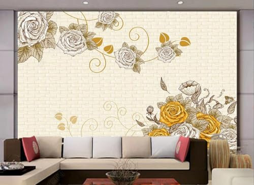 Fototapete Schlafzimmer 3D Tapeten 3D Effekt Wohnzimmer Blumen Europäische Retro Goldrosen Weißer Hintergrund Wand 250cmx175cm Dekoration, Wandbelag, Wandbild, Wanddeko Wand