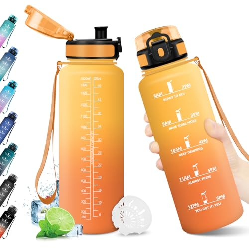 Motivation Water Bottle, 1.5 L, Reusable Sports Bottle, Leak-Proof Water Bottle, Water Bottle with Filter and Time Marker, BPA-Free Sports Water Bottle for Adults, Fitness, Yoga, Office, Hiking