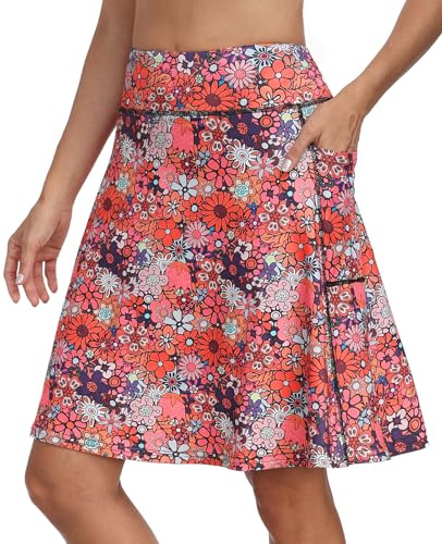 KORALHY Golf Skorts for Women with 4 Pockets 20 Knee Length Skirts Tennis Athletic Casual Skorts with Shorts Orange Pink Flowers L