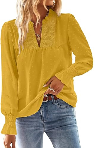 TUUHAW Womens Autumn Tops Sexy Smocked Babydoll Bohemian Blouse V Neck Flowy Chiffon Top with Lace Edges Long Sleeves Boho Office Work Tunic for Going Out in Winter Season Yellow M