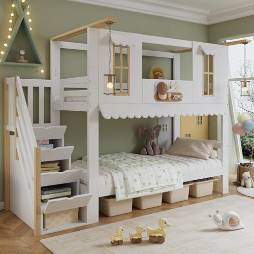 ZYLOYAL10 Etagenbett, Kinderbett, Aufbewahrungstreppe, Exquisite Fenster, Wellenförmige Dachkante, Mit Zwei Filzstücke zur Dekoration, Aufhängbare Dekorationen 90x200cm (Weiß+Natur)