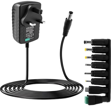 Universal Power Supply Cable Adapter UK 12V 3A 36W, AC to DC Multi Plug Charger with 8 Replacement Tips, 100-240V 50/60Hz 5.5x2.1mm Adapter Cord for LED Strips Router Laptop CCTV Baby Monitor