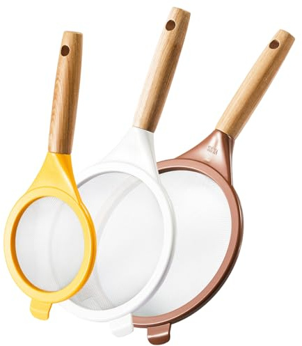 GoGoSprint Wood Handle Strainers Fine Mesh Set, 3 Pcs Stainless Steel Sifter for Baking, Plastic Colorful Mesh Strainer with Handle for Juice, Flour, Rice, Tea Straining- 3 Sizes