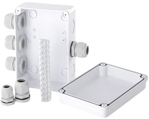Outdoor Waterproof Junction Box Kit – ABS Electrical Enclosure With Cable Glands & Accessories Weatherproof Connection Box With Terminal Block, Screws, Hole Saw & Screwdriver