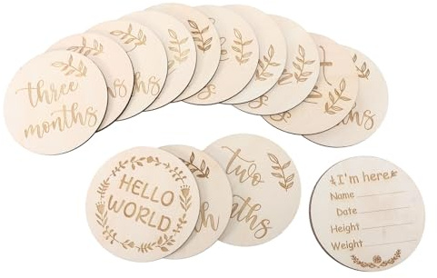 Holz Wachstumskarten für Neugeborene 1 Satz Runde Beige Karten | Erinnerungskarten als Foto Requisiten, Gravierte Oberfläche, 15 Stück, für Babygeburt und Scrapbooks
