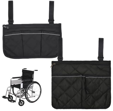 ZSUIQIN 2 Piezas Bolsa de Silla de Ruedas, Bolsa Lateral para Silla de Ruedas, con Franja Reflectante para Sillas de Ruedas, Ayuda para Personas Mayores, reposabrazos para Colgar (Negro)