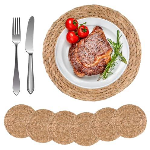Set di 6/8 tovagliette rotonde intrecciate a mano, 30 cm, in rattan di giacinto d'acqua, tovagliette in vimini per sala da pranzo, tavolo da cucina, casa, feste, matrimoni, ristoranti (6)