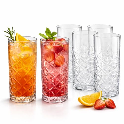 HOMSMYTH Drinking Glasses Set of 6 – 380ml (13.3oz) Tall Clear Crystal Effect Cocktail Glasses, 140x70mm, Dishwasher Safe Tumbler/Water Glasses for Juice, Gin, Rum & Vodka (Style I)