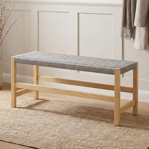 chairus Banco de Entrada de Madera Maciza con Asiento Trenzado Banco para Pies de Cama en Estilo Japonés, Banco Multifunción para Salón/Comedor, Color Gris
