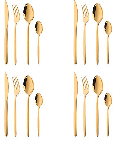 BISDARUN Stainless Steel Flatware Unusual Cutlery 4 Set(16-Piece) Service for 4 People Gold Coloured Funky Silverware Dinner Spoons Forks Knives Set for Wedding Party