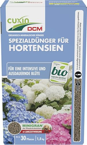 CUXIN DCM Spezialdünger für Hortensien - Spezialdünger - Mit MINIGRAN® TECHNOLOGY - Für Hortensien - Bio - organisch-mineralischer NPK-Dünger - 1,5 kg