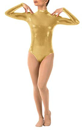 IWEMEK Damen Ballettanzug Glänzende Langarm Body Wetlook Danz Ballett Trikot Gymnastikanzug Turnanzug Metallic Einteiler Lack Leder Bodysuit Overall Leotard Top Kostüme Gold L