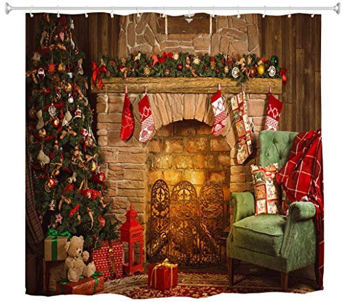 goodbath Christmas Shower Curtain, Happy New Year Xmas Trees Fireplace Brick Stockings Waterproof Bathroom Bath Curtains,180 x 180 cm,Colorful