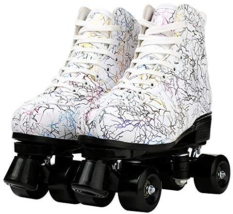PU Leder Rollschuhe High-Top-Rollschuhe zweireihig Rollschuhe Vierrad Rollschuhe für Uni Anfänger Außentür Indoor (Lightning White Black Wheel, 44)