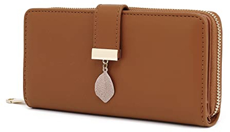 TANTOMI Portefeuille Femme en Cuir Synthétique Lisse et Doux, Porte Monnaie Femmes Grand et au Format Long, Porte Feuille Femme de très Belles Couleurs avec de Nombreux Compartiments (Marron)