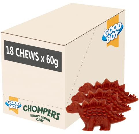 Good Boy Chompers Dinosaur - Natural Dog Treats - Low Fat Dental Stick - Bulk Box - 18 Pieces