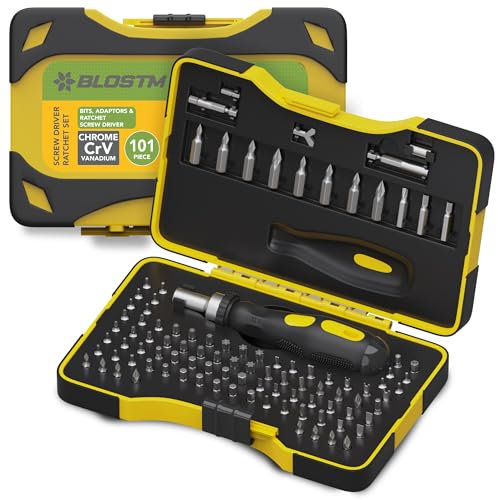 BLOSTM Lot de 101 tournevis à cliquet magnétique et embouts de sécurité – Embouts de tournevis multifonctions Cr-V 6,35 mm et adaptateurs (hexagonaux, étoiles, etc.) – Étui de rangement inclus