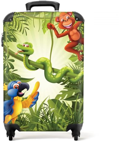 NoBoringSuitcases© Kinderkoffer Jungen Handgepäck Koffer Reisetasche mit | 55x40x20 cm - Rollen Geschenk - Koffer Grün - Tiere - Dschungel - Koffer kinder jungen Trolley Koffer klein,