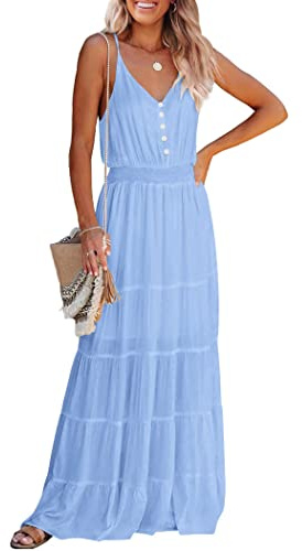 PRETTYGARDEN Women's Casual Summer Dress Spaghetti Strap Sleeveless High Waist Beach Long Maxi Sun Dresses (Light Blue,XX-Large)