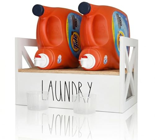 Detergent Holder for Laundry Room, Farmhouse Liquid Soap Dispenser, Detergent Storage Organization Stand with Drip Catcher Drip Tray Measuring Cup, Laundry Station Organizer