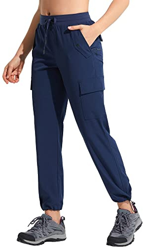MOCOLY Pantalon Randonnée Cargo Léger pour Femmes Pantalon D'extérieur à Taille Élastique à Séchage Rapide et à Écran Solaire Imperméable Convient pour Camping Chasse Sports Exercice Bleu Marine XS