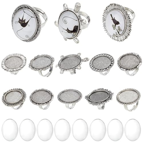 SUNNYCLUE 10 Stück Vintage Silber Ovale Glas Cabochon Ringe Verstellbare Ring Rohling Fassung Eule Schildkröte Blanko Fingerring Basis Schmuckherstellungs Set