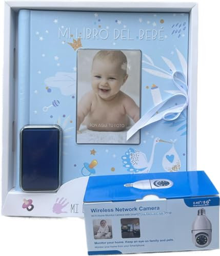 Pack Regalo para Bebé: Libro de Recuerdos 27x29 cm (44 Páginas a Color), Tampón para Huellas de Manos y Pies + Cámara de Vigilancia 360º con Conexión 2.4G/5G – Ideal para Recién Nacidos