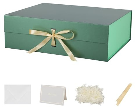 BoxSkivra Grüne extra große Geschenkbox mit Deckel, 1 Packung 48,3 x 40,6 x 15,2 cm, große Geschenkboxen mit Knisterpapier und Karte, magnetische Geschenkbox mit Band für Hochzeitskleid