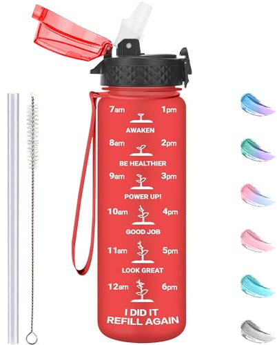 GOPPUS 500ml/17oz Kids Water Bottles with Straw Tritan Childrens Bottle with Flip Top Lid BPA Free Measured Drinks Bottle with Strap Sports Reusable Time Markings Leakproof (Solid Red)