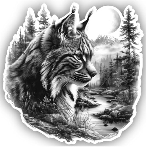 Samunshi® Luchs in Wald Szene Aufkleber Mond Berge Autoaufkleber für Motorrad Fahrrad Roller oder Auto Sticker Fahrrad Mtb Mountainbike Rennrad Aquarell Illustration Sticker 25x25cm