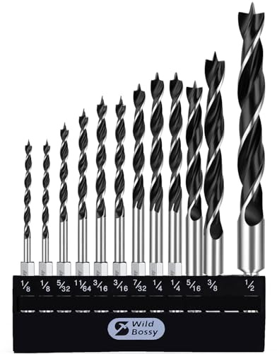Brad Point Drill Bit Set 12Pcs (1/8 - 1/2) Hex Drill Bit Set with Double Flutes Design for Hardwood, Plywood, Plastic Round Holes in All Types of Wood