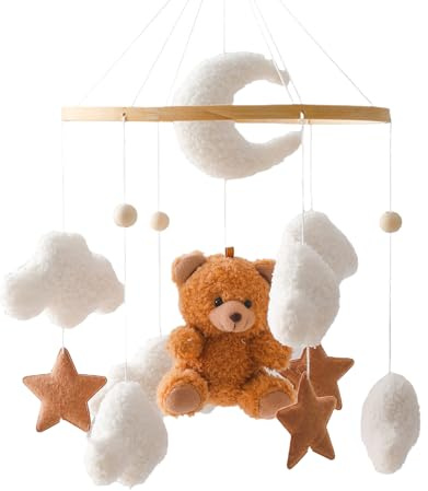 Babymobil sängklocka med nallebjörn, trä, flicka, hängande mobil vindklocka för babysäng, barnsäng (brun)