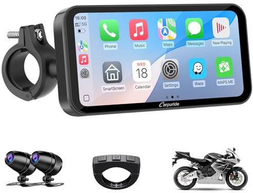 Carpuride W603D, 6,3-Zoll Motorrad-GPS-Carplay-Bildschirm, Kabelloses CarPlay und Android Auto für Moto, mit Doppelkameras, Fernbedienung, IP67 Wasserdichtem, BT Aduio, Loop-Aufnahme
