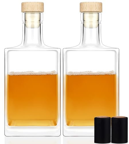 Liengoron Paquete de 2 botellas de vidrio de 25 onzas con tapa, botellas de vidrio vacías transparentes de 750 ml con botellas de vidrio cuadradas de corcho con base pesada botellas de vidrio con tapa
