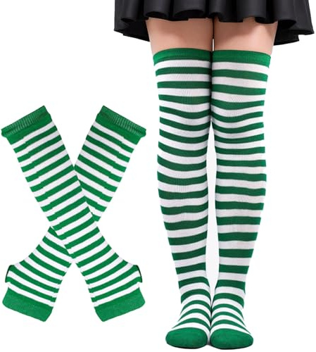 Lufdegim Damen Gestreifte Kniestrümpfe, Thigh Highs Socken Lange Strickhandschuhe Socken Set für Party Kostüm