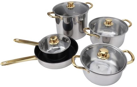 Juego de Ollas y Sartenes de Acero Inoxidable con Asas Ergonómicas Doradas, Ollas Multifuncionales con Tapas de Vidrio, Juego de Utensilios de Cocina Versátil para Cocina