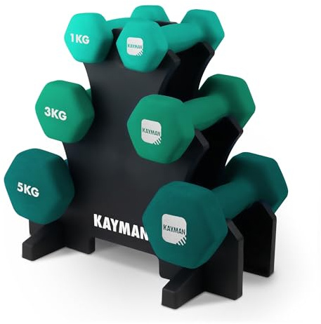 KAYMAN Neoprene Dumbbells Set with Stand - Anti-Slip Grip, Water-Resistant Coating – Weights Dumbbells Set for Strength, Training, and Workouts (12Kg Set (1Kg, 2Kg, 3Kg))