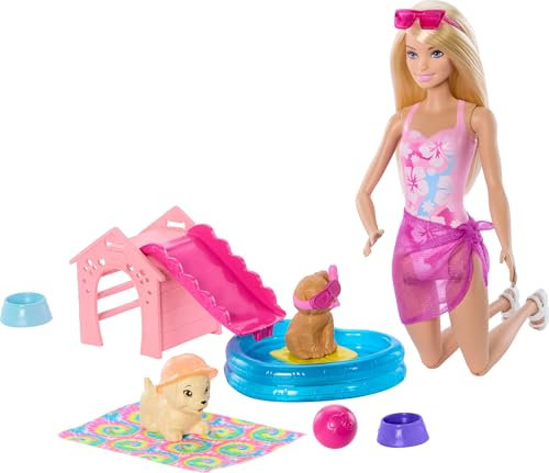 Barbie Puppy Pool Party Toy Playset with Fashion Doll, Doghouse & Slide, Heart-Shaped Pool, 2 Pet Dog Figures, 6 Accessories & Color Change, JBF35