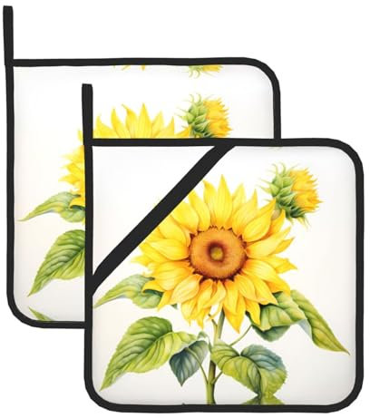 WHJYYXDE Set di 2 presine da cucina, 20,3 x 20,3 cm, isolamento durevole, tessuto impermeabile, stampa con girasole