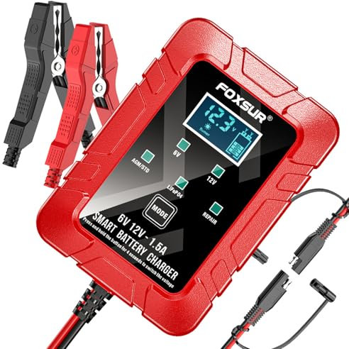 Funien Chargeur de Batterie de Voiture 1,5 A, Chargeur Automobile 6 V et 12 V avec écran LCD, mainteneur de Batterie pour Motos, tondeuses à Gazon, Batteries Plomb-Acide AGM Gel, Rouge, Prise UE
