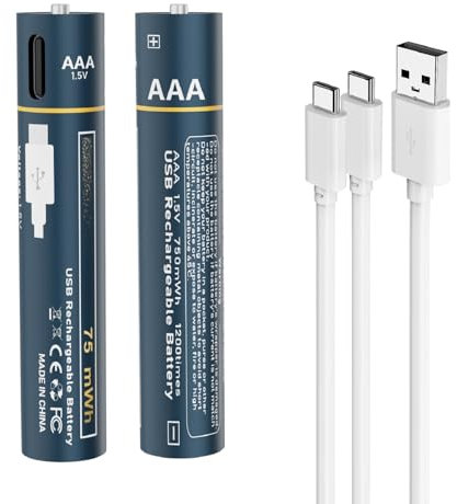 Kamnnor Batteria AAA ricaricabile, 750 mWh USB batterie AAA ricaricabili 1,5 V al litio AAA con cavo di ricarica 2 in 1 tipo C, ricarica rapida in 2 ore, ricarica 1200 volte ciclo di carica
