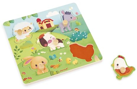 Janod - Holzpuzzle mit Touchfunktion 5 Teile - Thema Bauernhof - Einlegepuzzle mit Texturen - Lernspielzeug - Tastsinn, Feinmotorik und Konzentration - Ab 18 Monate, J07129