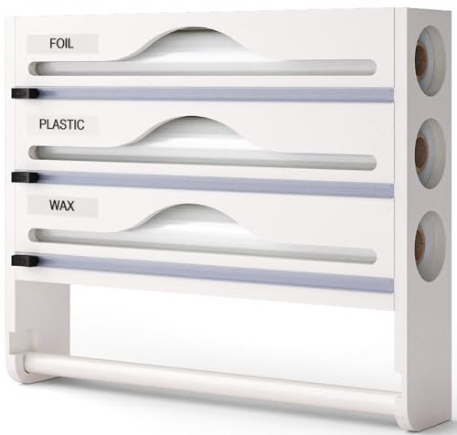 4 In 1 Folienschneider Schublade,Wand Holz Küchenrollenhalter,Alufolie Frischhaltefolie Kitchen Organizer,Wachspapierrolle Bambusholz Organizer Für Küchenschublade, H
