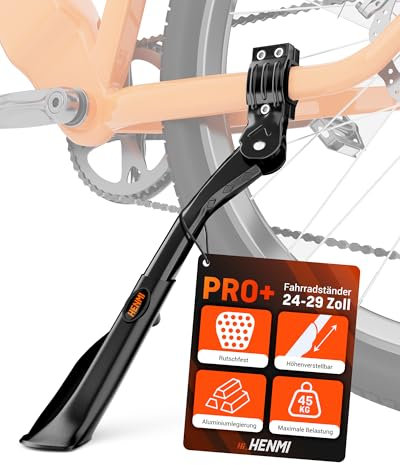 HENMI Fahrradständer 24-29 Zoll, Universal Fahrrad Ständer Pro+, Aluminiumlegierung Seitenständer Hinterbauständer mit Anti-Rutsch Gummifuß für E-Bike Mountainbike Rennrad Cityrad Trekkingrad