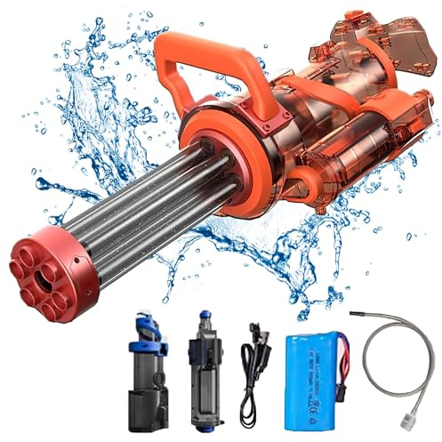 Gatling Wasserpistole Elektrisch für Erwachsene und Kinder, Automatische Spritzpistolen mit großer Kapazität, Wasserpistole mit Rotierender Düse und Mündungsfeuer (Rot)