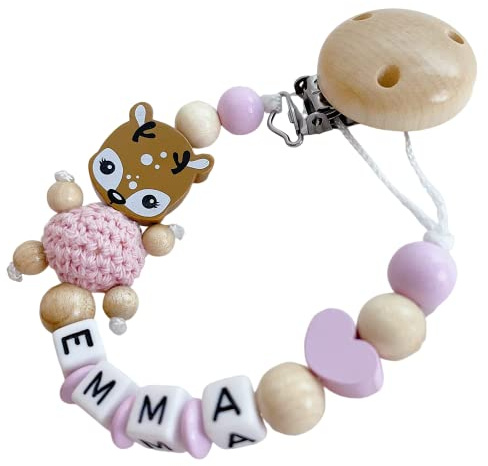 personaliertesgeschenk mit Namen für Mädchen oder Junge Baby Geschenk personalisiert zur Geburt & Taufe Reh Natur Holz (Reh Rosa mit Herz)