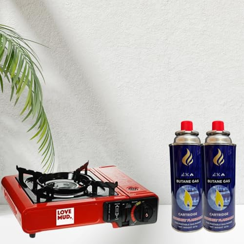Portable Butane Camping Stove Kit in Carry Case - Includes Gas Bottles, Automatic Ignition & Heat Control for Easy Outdoor Cooking (Red Stove + 2 Gas)
